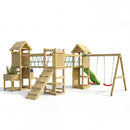 a large wooden climbing tower for children  with slide, pull up ramp and double swing set 