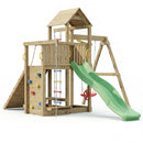 a large kids climbing frame with slide, climbing walls and swing 