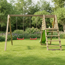 A wooden children's playground swing set with two red swings, a green slide, and a wooden ladder, photographed on a seamless white studio background.