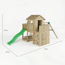 Wooden playhouse with green slide