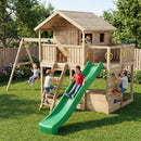 an extra large playhouse with large platform, 10ft slide and a double swing. also includes a climbing wall 