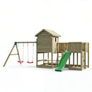 a large wooden climbing tower frame with xl look out walkway with double swing and picnic table