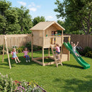 large wooden playhouse with slide and swings. includes a large walkway platform 