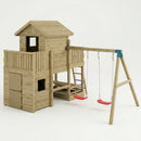 a large wooden tower playhouse with double swing and 8ft slide. this also comers with a lookout platform 