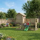 a large climbing frame play tower with double swing and slide and picnic table 