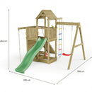 Wooden playset with green slide and swing set, shown with dimensions on a white background.