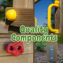 Wooden playground structure with yellow and red components, labeled 'Quality Components'.