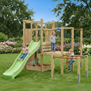 wooden play tower with multi level platform, sandpit and metal gym bars. 
