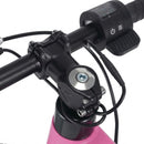 Close-up of an electric bicycle handlebar assembly with a black digital throttle control, black handlebar stem, and wiring, attached to a bright pink frame against a white background.
