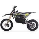A side profile view of a black and gray electric dirt bike with bright yellow-green graphics, including the model name 'ION X' and number '39', on a clean white background.