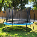 a 12 foot trampoline with a teal colour spring mat 