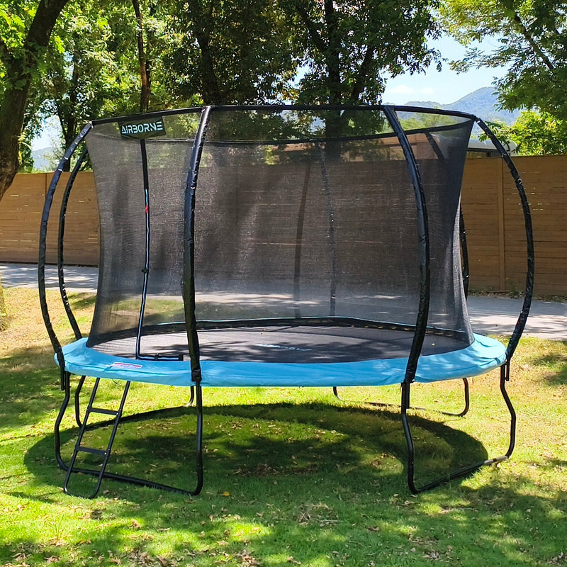 a 12 foot trampoline with a teal colour spring mat 