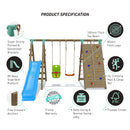 large climbing frame for children with a cargo net and climbing wall along with a 8ft slide