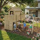 a very large tower playhouse with double walkway platform and slide including 2 swings