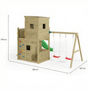 a large double swing set with climbing 10ft slide and double hideout cabins