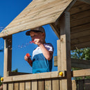 a large wooden climbing tower with roof and 8 foot slide 