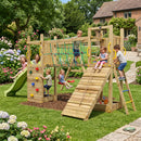 A large wooden backyard playground with multiple children and an adult using the equipment in a landscaped garden setting.