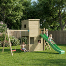 a large double level wooden climbing frame with double swing seat and 10ft slide 