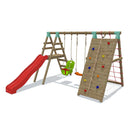 wooden outdoor play gym made of wood with slide, climbing wall and baby seat