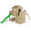 a double platform wooden play tower with slide and swing 