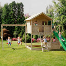 a large wickey style playhouse with 10ft slide, double swing and a large hideout cabin 