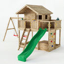 an xl wooden playhouse with double swing, large cabin and double swing. this set also has a large 10ft slide 