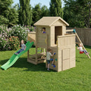 a large wooden tower playhouse with 8ft slide and double swing . 