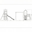 Technical line drawing showing two orthographic views of a wooden outdoor playset with a slide, including dimensions and structural measurements on a white background.