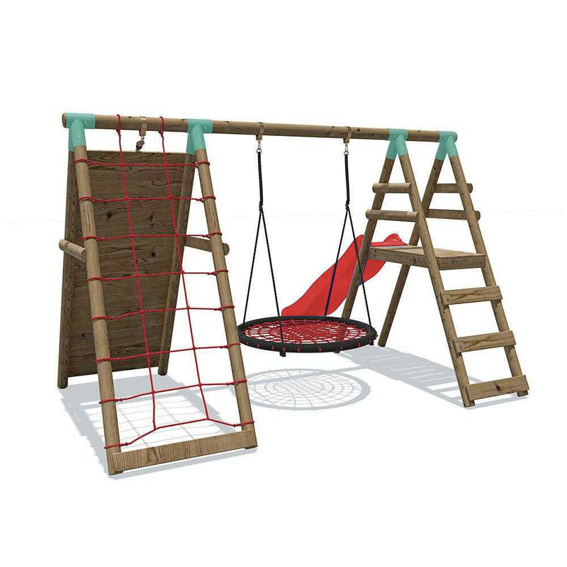 large climbing frame with an added slide and climbing wall with red nest swing and cargo net