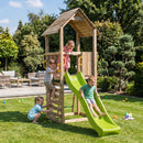 an extra large wooden play tower with look out platform and 8 foot slide. 