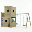 an extra large wooden climbing frame with twin cabins and double swing and 10ft slide 