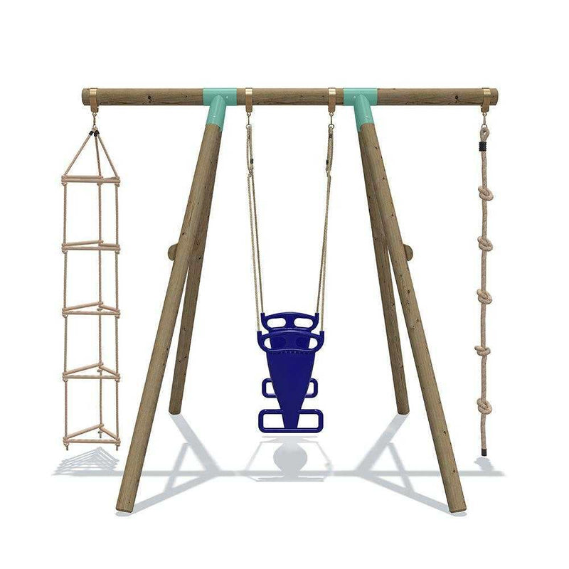 wooden swing set with climbing ropes and glider swing 2 seater 