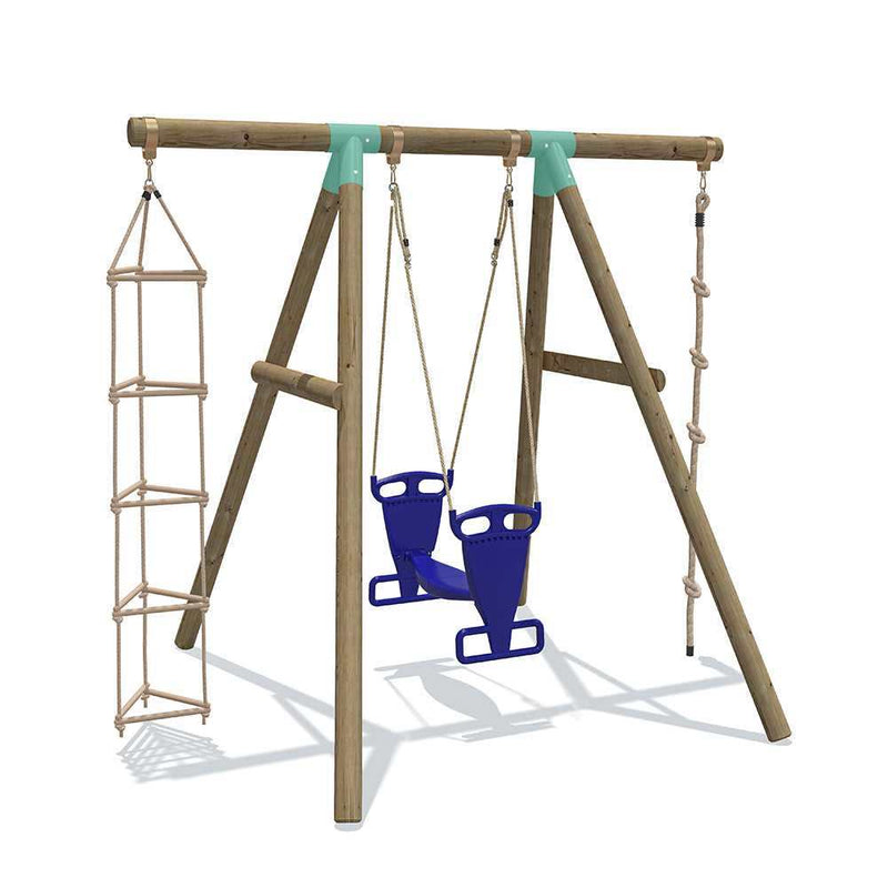 glider swing set with climbing rope and triangle ladder