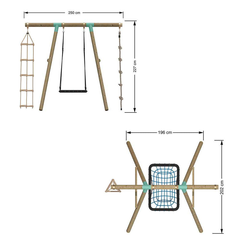 outdoor swing set with climbing ladder and knotted rope 