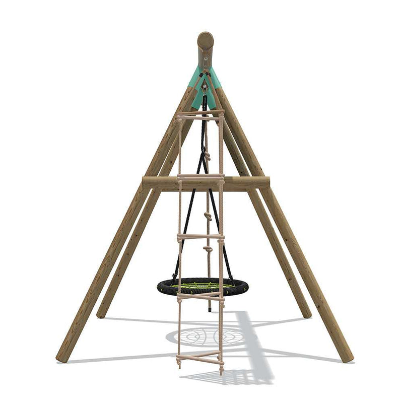 wooden swing set with climbing ladder and rope 