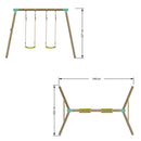 double swing set wooden with green seats 