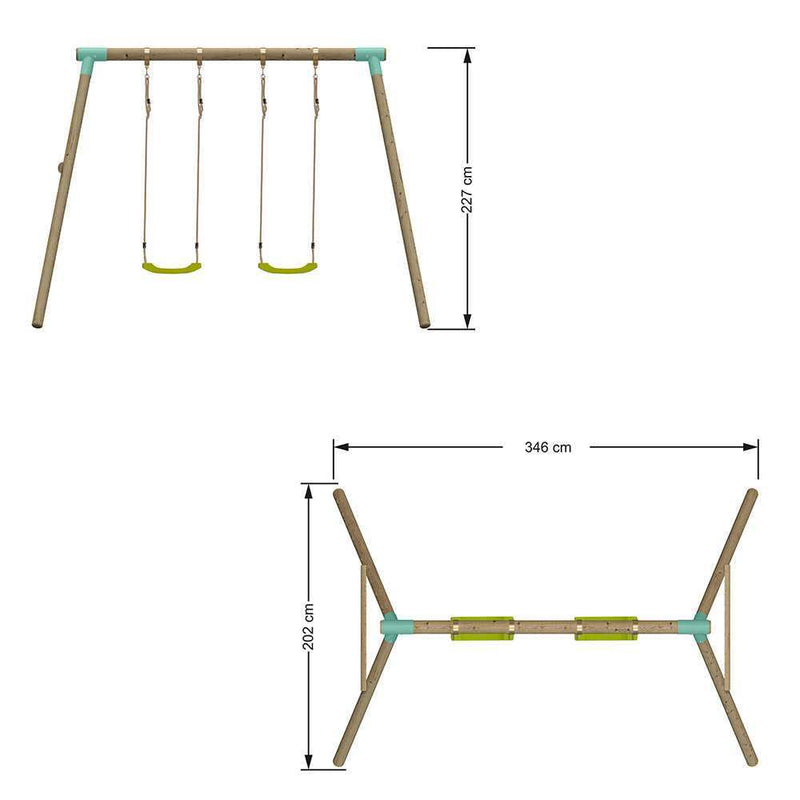 double swing set wooden with green seats 