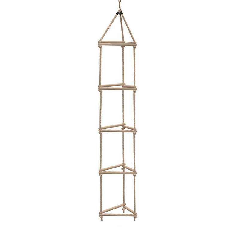 Wooden triangle rope ladder for hanging on a kids outdoor wooden swing set 