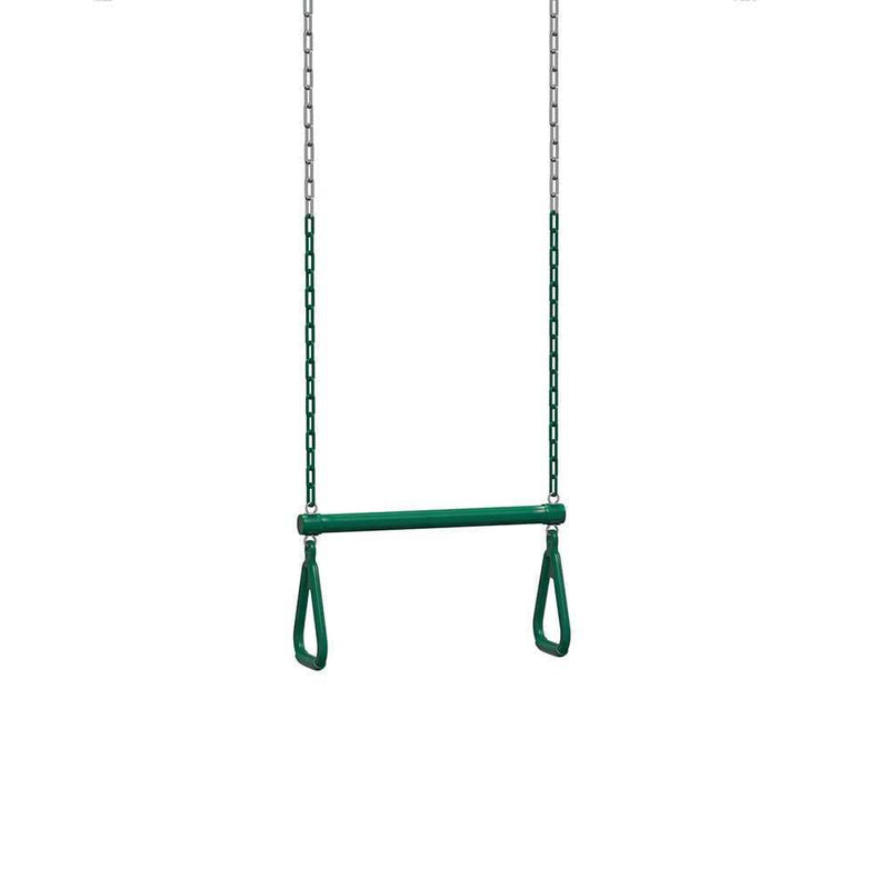 metal hanging trapeze bar with gym rings for use on any wooden swing and slide set 
