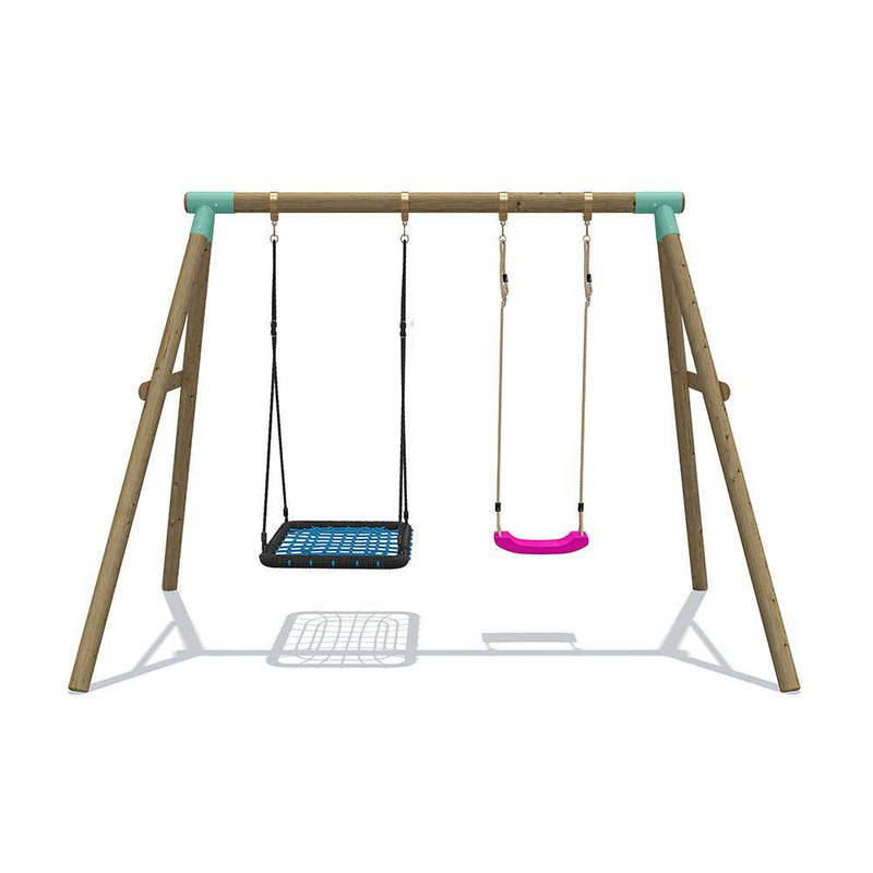 wooden swing set with single swing and rectangle nest swing 