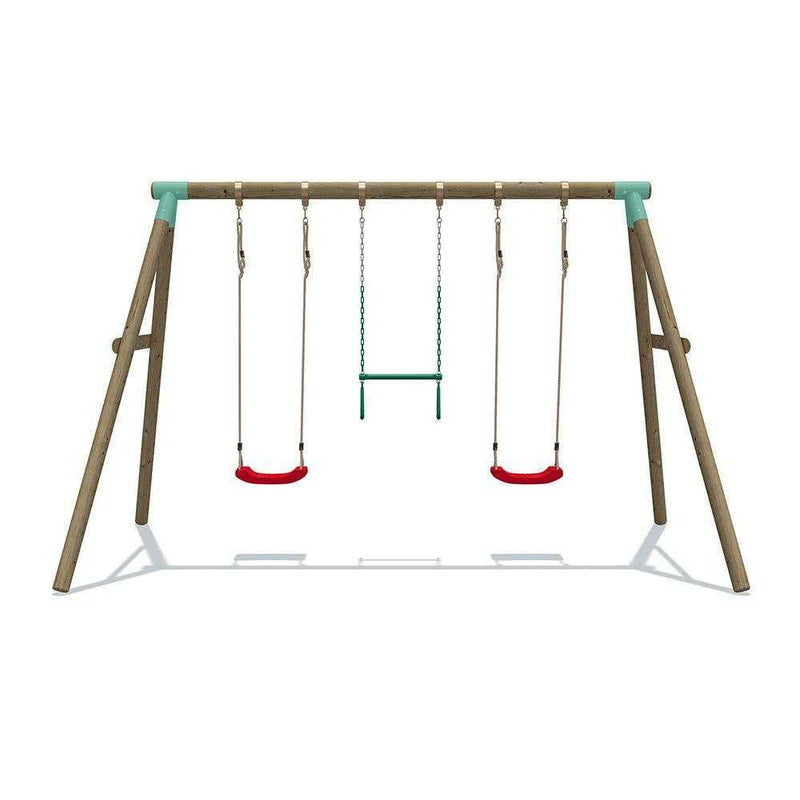 wooden swing with trapeze bar and 2 single swing seats . 