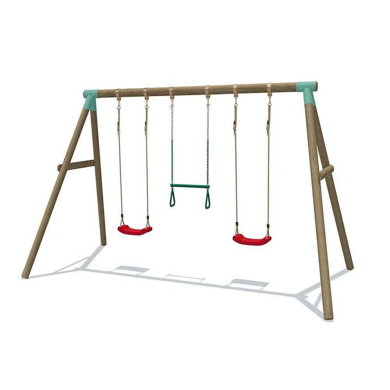 outdooe swing set with 2 seperate swing seats and metal trapeze bars for swinging and hanging