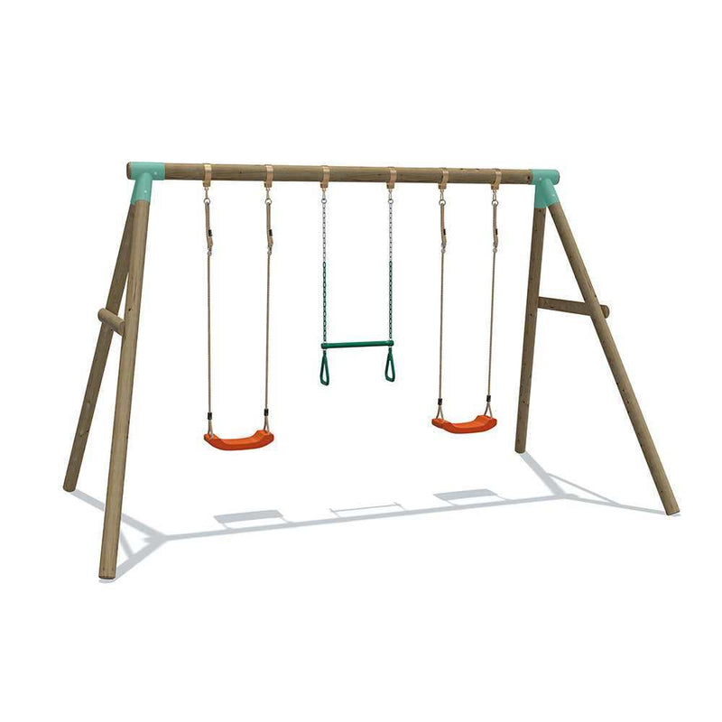triple wooden garden swing for children with trapeze bars