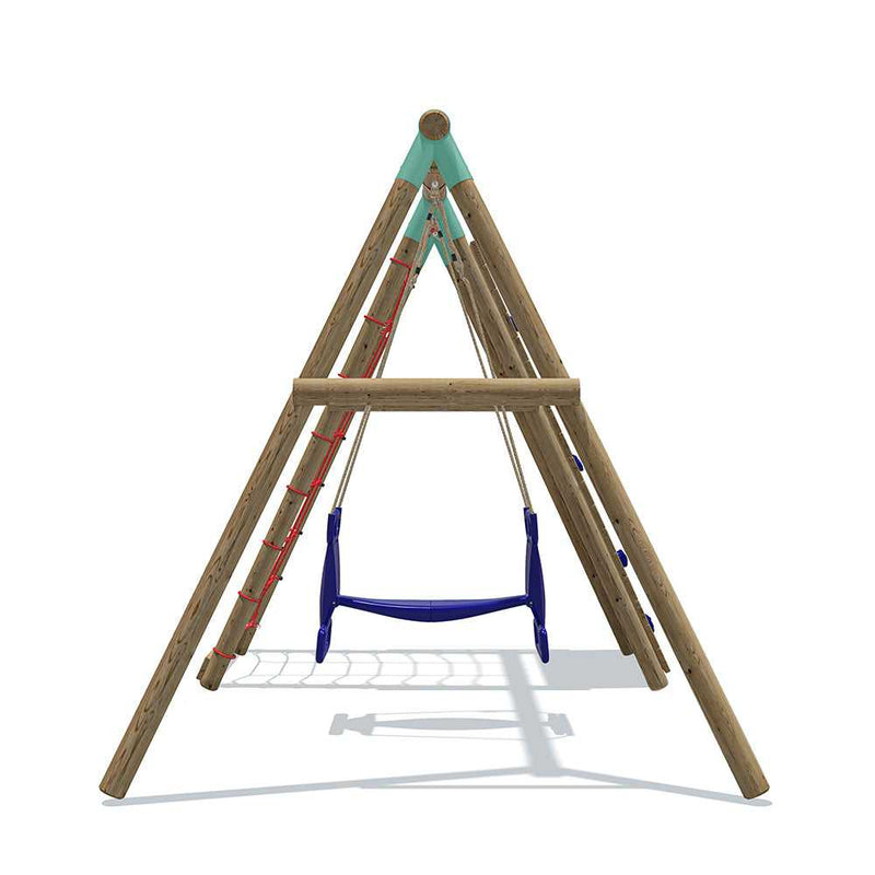 swing set with a climbing wall and climbing stones. Also comes with a cargo net 