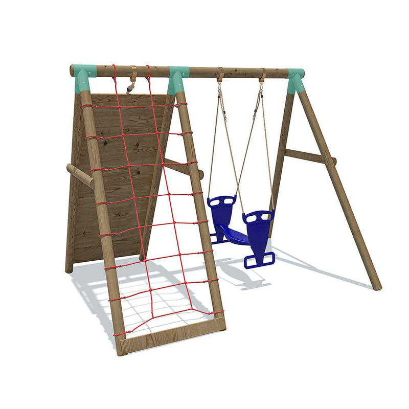 large climber frame with a glider swing and a red climbing cargo net and wall