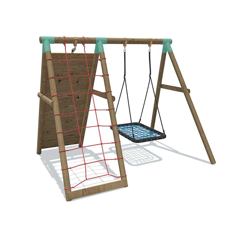 wooden swing set ith cargo net and nest swing 