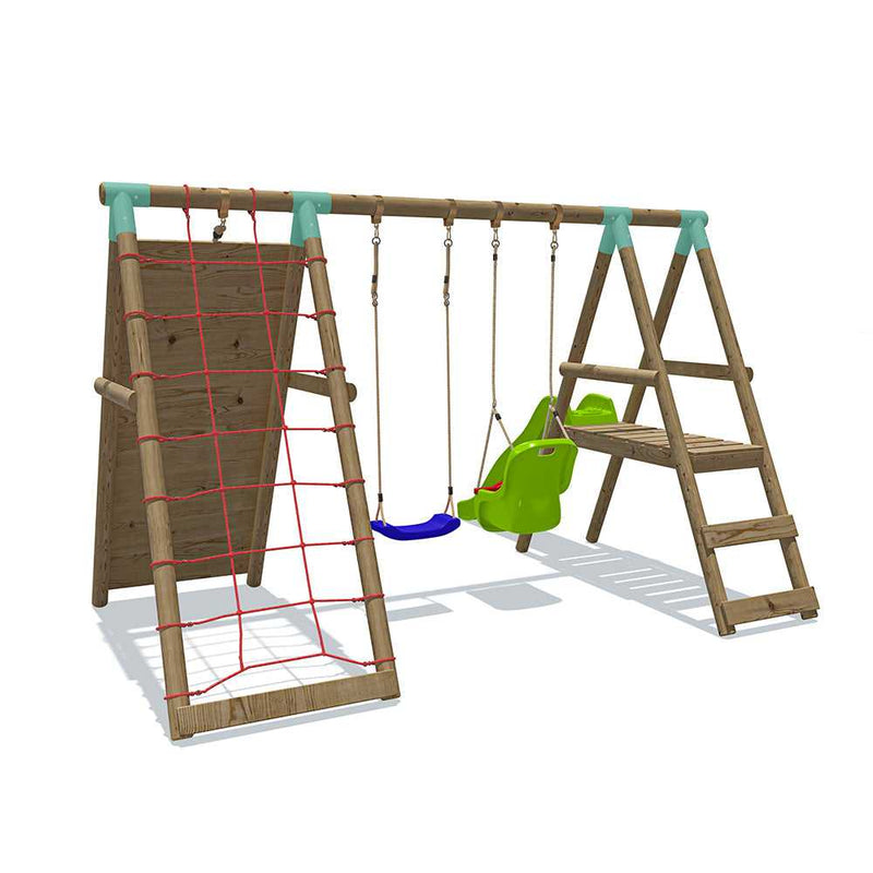 Go Wild Wooden Double Baby Swing Set With Climbing Wall & 6ft Slide - Titan Toys 