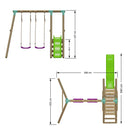 swing set with 2 swing seats and a 6 foot plastic slide that sits on top of a wooden platform