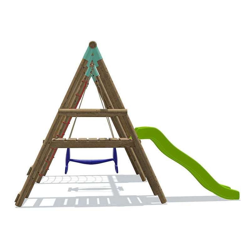 Go Wild Wooden Glider Swing Set With Climbing Wall & 6ft Slide - Titan Toys 
