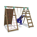 Go Wild Wooden Glider Swing Set With Climbing Wall Plus 8ft Slide - Titan Toys 